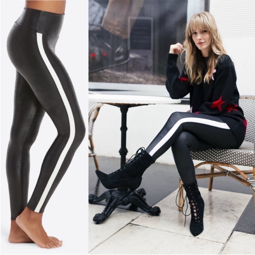 SPANX Faux Leather Black Leggings White Side Stripes size small athleisure chic